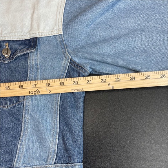 VIGOSS Women's Patchwork Denim Jacket Size L Blue White Long Sleeve Cropped - Picture 7 of 11